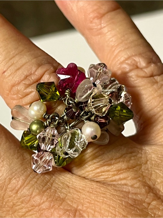 Jewelry - Vintage Cluster Bead Statement Ring in Pink, Green, and Clear adjustable $25